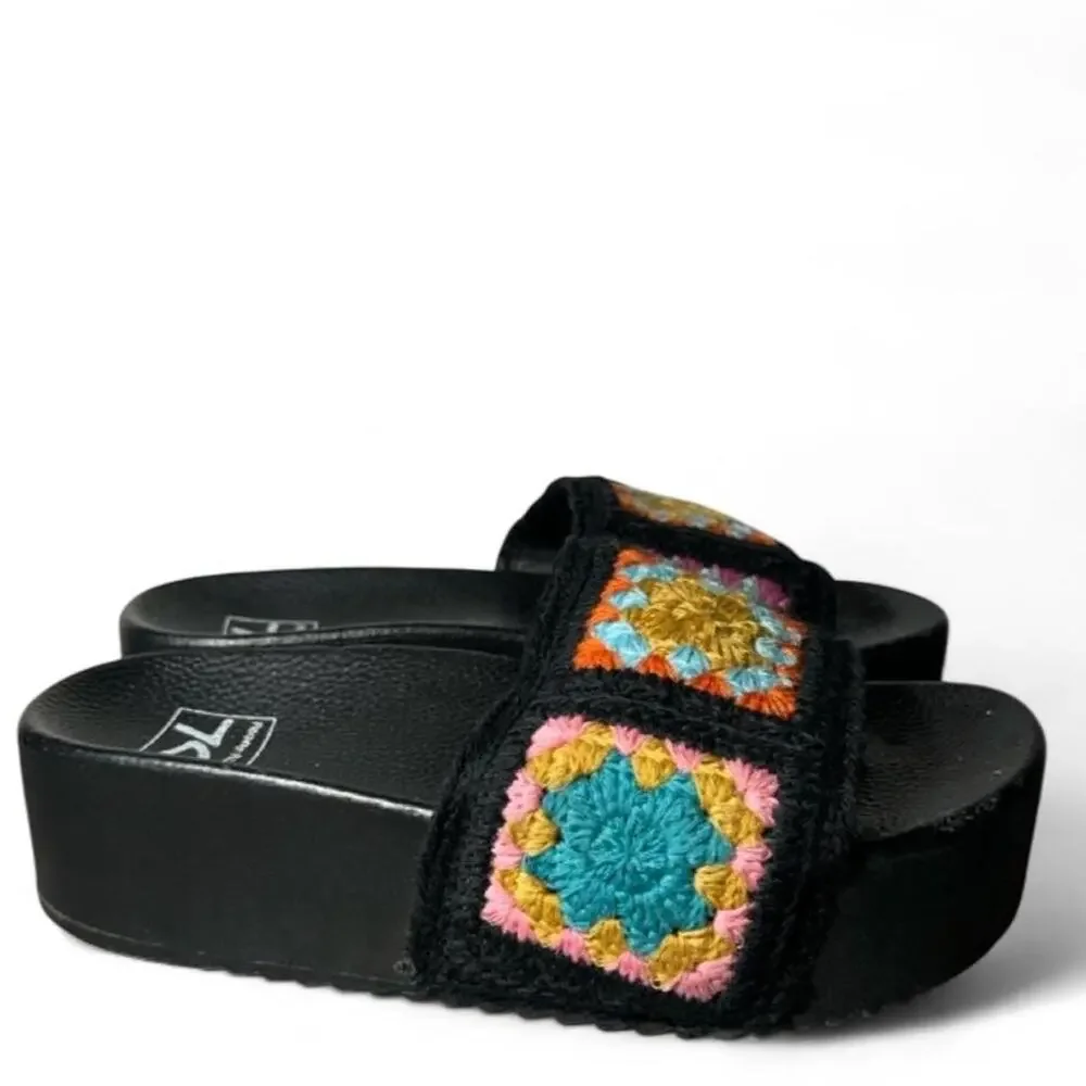Black platform sandals with colorful